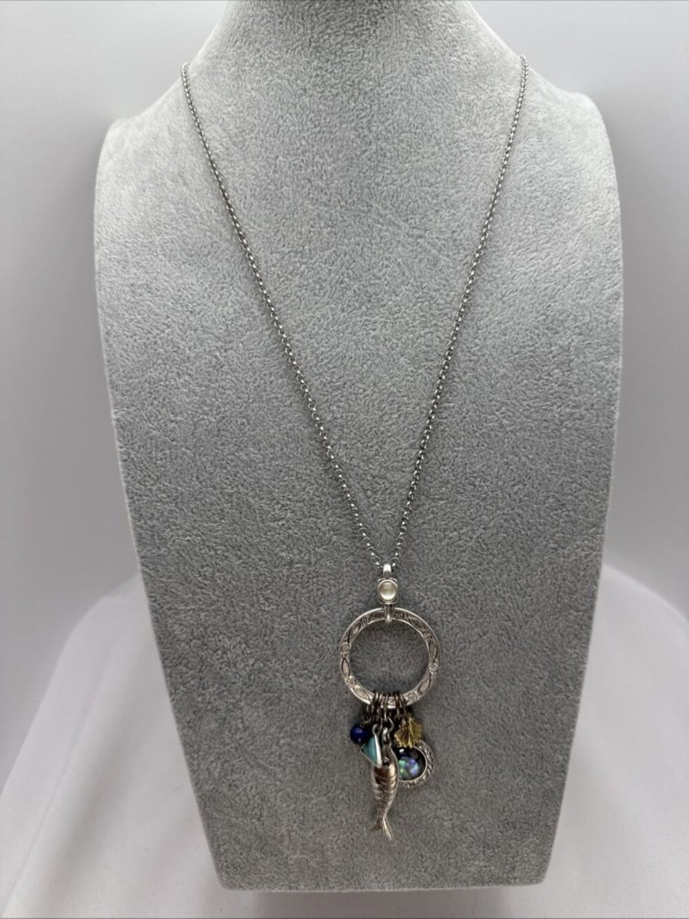 Lucky Brand Silver Tone Charm Necklace Fish Shell Abalone Boho Look Pendant - Picture 4 of 14